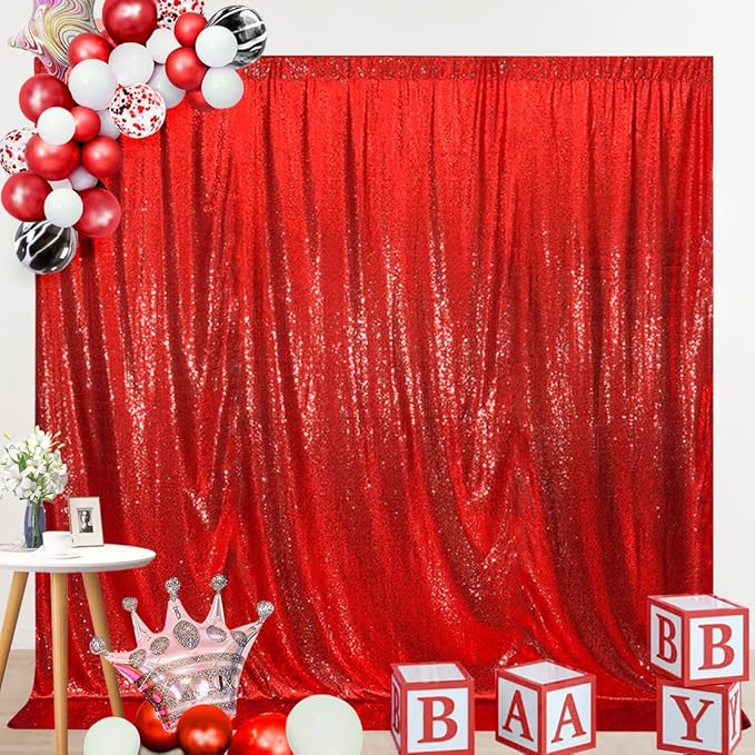 SquarePie Sequin Backdrop Curtain Not See Through Thick Glitter Background for Party 8FT x 8FT Red