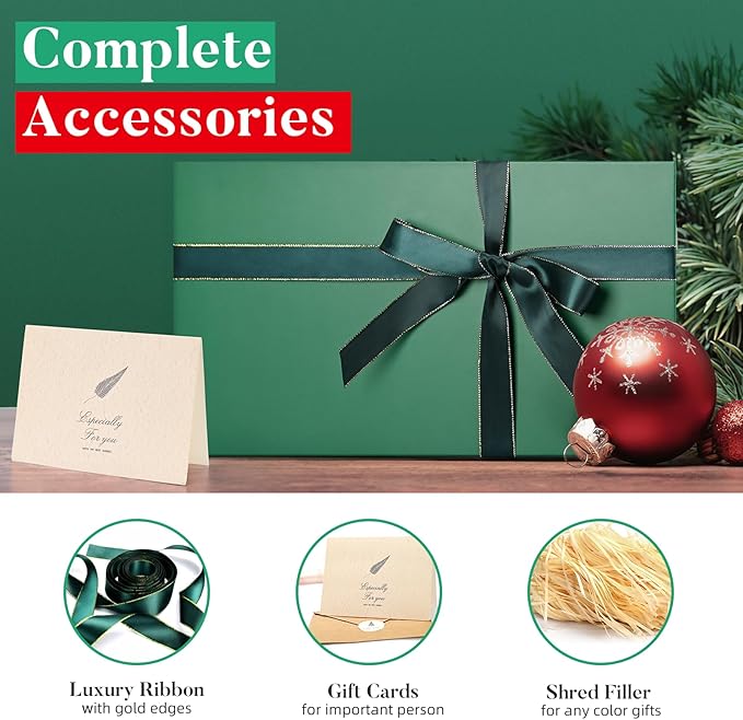 LIFELUM Green Gift Box for Presents 1 Pack 13.85 x 8.35 x 4.45 inch Big Decorative Gift Box for Clothes with Magnetic Lids Luxury Accessories Card, Ribbon, Filler,Sticker Christmas