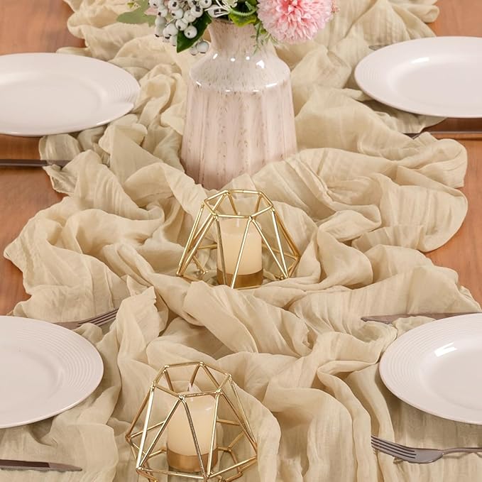 MLMW Champagne Gold Table Runner Cheesecloth Boho Gauze Rustic Cheese Cloth 160 inch Sheer Wedding Table Runner 13.3ft for Thanksgiving Party Baby Bridal Shower Birthday