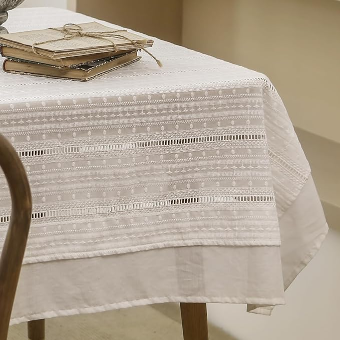 patdrea Designer Vintage Cotton White Lace Tablecloth for Rectangle Tables,French Country Cottage Embroidered Table Cloth Art Decor for Kitchen Wedding Patries Banquet Christmas,59"*75"