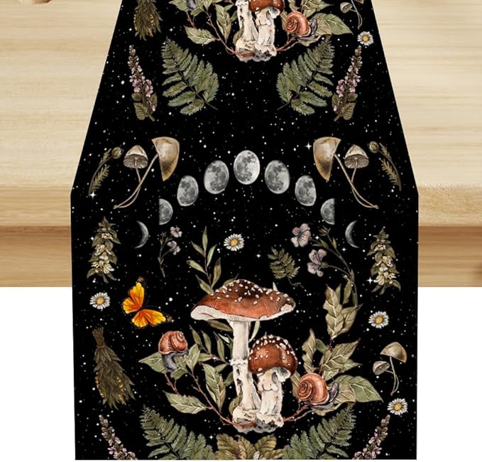 Mushroom Kitchen Table Runner, Boho Vintage Wild Flower Gothic Witchy Moonlit Forest Plant Table Runner for Bedroom Living Room Kitchen Dinner Table, 13x90 Inch