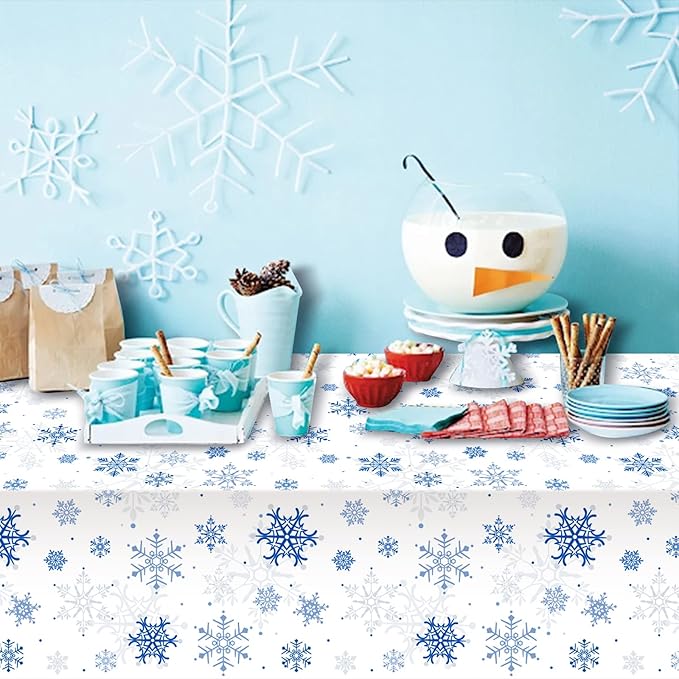 1 Pieces Snowflake Christmas Party Tablecloth Decorations,Plastic White Snowflake White Blue Xmas Backdrop Sign Table Cover Banner for Winter Christmas Holiday Party Supplies,54x108 inch（White/Blue）