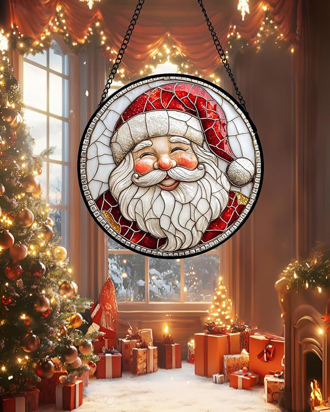 Stained Glass Window Hanging - Red White Santa Claus Suncatcher for Doors Home Christmas Decoration Winter Sun Catcher Thanksgiving New Year Birthday Gifts for Women Men Mom Nana Girl 9.8 in