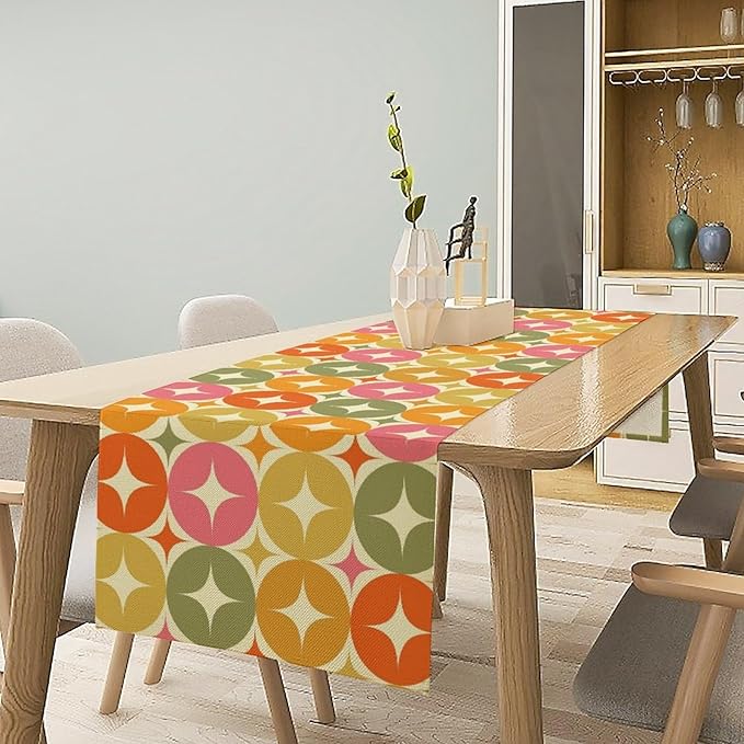 Mid Century Table Runner, Flag Retro Atomic Starburst 1950s Abstract Geometric Space Tabletop Decoration for Home Kitchen Restaurant Table Flag 13x60 Inch