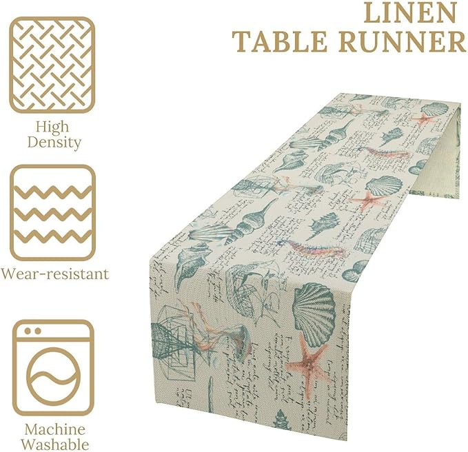 Starfish Table Runner,Seashells Beach Coastal Nautical Sailboat Jellyfish Vintage Hand Drawn Burlap for Hotel Indoors Outdoor Dining Room Kitchen Table Decor, 13x108in