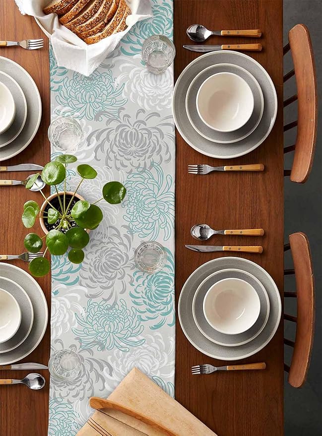 Auqa Chrysanthemum Cotton Linen Table Runner for Dining Kitchen, Wedding Outdoor Party Tablerunners Decoration, Farmhouse Floral Botanical Leaves Dresser Scarf Coffee Tablecloth Runners 13x72 Inches