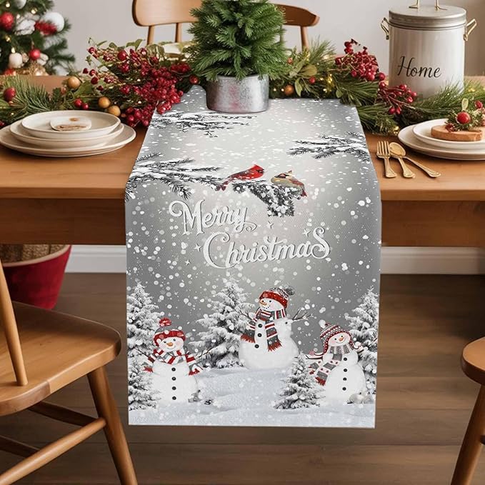 Christmas Snowman Cotton Linen Table Runner for Dining Kitchen, Snowflakes Xmas Pine Tree Wedding Outdoor Party Tablerunner Decoration Winter Bird Dresser Scarf Coffee Tablecloth Runners 13x48 Inches