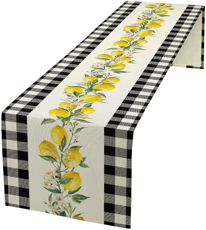 Lemon Table Runner,Black Buffalo Plaid Lemon Table Runner Farmhouse Style Spring Summer Home Kitchen Dinding Room Table Decoration 13x120 Inch