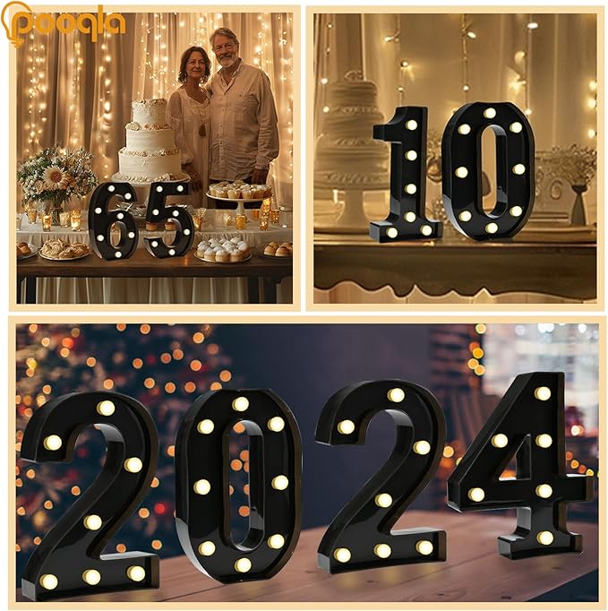 Pooqla Decorative Led Light Up Number Letters, Black Plastic Marquee Number Lights Sign for 10th Birthday Party Wedding Decor Battery Operated Black Decoration 10