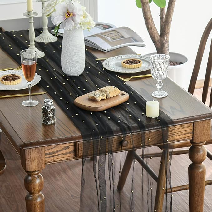 Artoid Mode Pearl Black Gauze Table Runner 120 Inch 10FT, Seasonal Sheer Dining Holiday Wedding Birthday Baby Shower Table Decor for Home Party