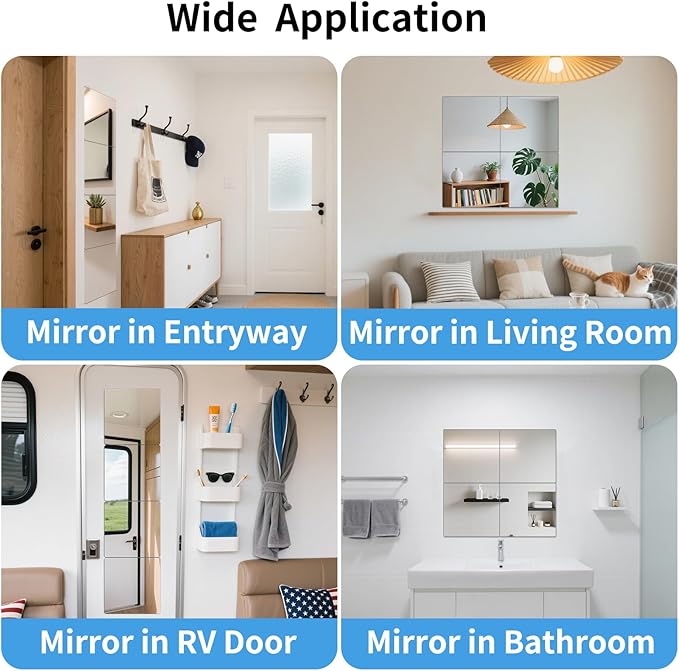 Unbreakable Acylic Small Mirror Tiles for Kids, (4-Pcs 10x10 Inch) Plastic Mirrors for Wall, Stick on Mirrors for Wall Decor, Shatterproof Mirror for Kids Bedroom