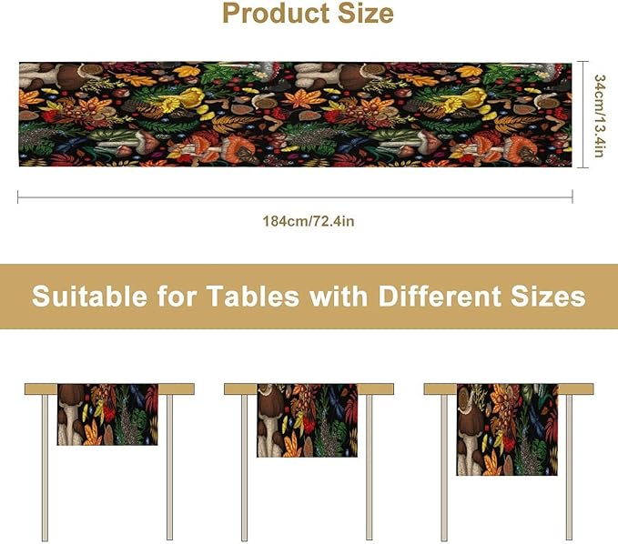 Nature Mushroom Table Runner,Retro Boho Floral Botanical Plant Forest Pattern Print Tablecloth Burlap for Hotel Indoors Outdoor Dining Room Kitchen Holiday Party, 13x70in