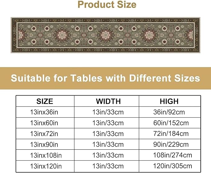 Vintage Paisley Floral Table Runner, Brown Boho Rustic Farmhouse Flower Pattern for Home Kitchen Table Decor Dining Coffee Room Party Decor 13x108in