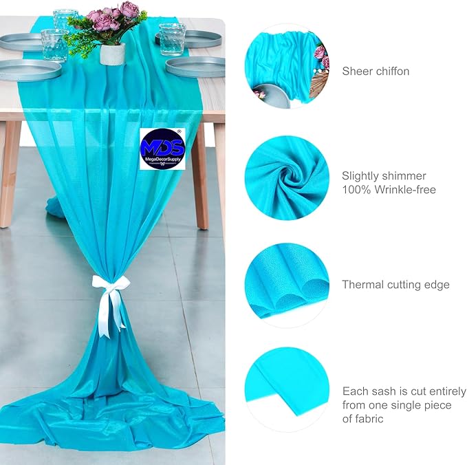 MDS Halloween Chiffon Table Runner - 10 Pack, 29 x 170 Inches, 14ft Each - Sheer Spooky Table Runners for Haunted House Parties, Trick-or-Treat Tables, Witchy Décor, Wedding & Events - Turquoise
