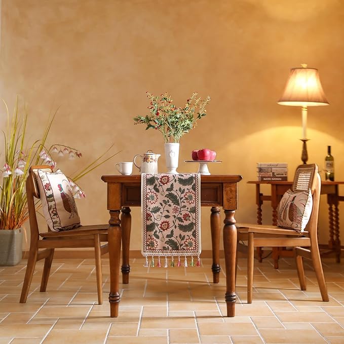 ISAENNE Designer Provence Elegant Linen Table Runner 102 Inches Long,Flower and Leaves Pattern Durable Table Runners for Dining Tables,Thanksgiving,Kitchen Tables,Christmas,12"*102"-Ratina