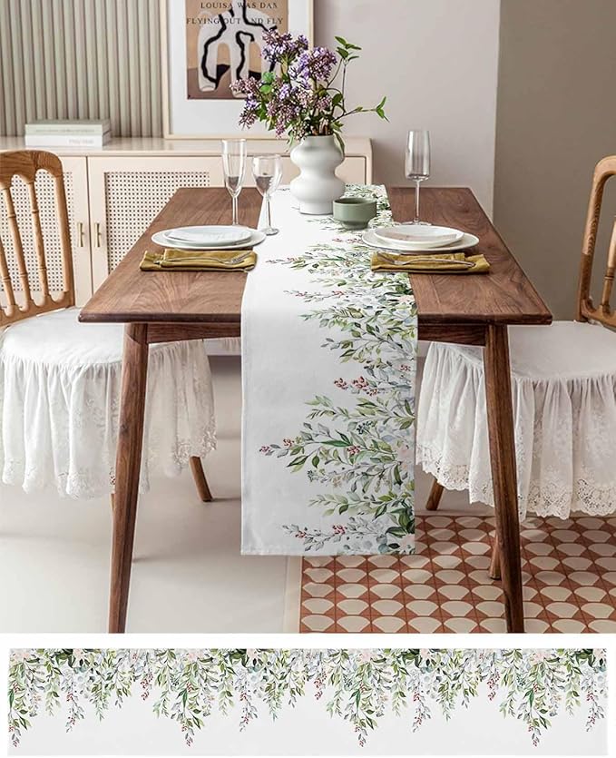Botanical Eucalyptus Cotton Linen Table Runner for Dining Kitchen, Wedding Outdoor Party Tablerunners Decoration, Sage Green Leaves Elegant Floral Dresser Scarf Coffee Tablecloth Runners 13x120 Inches