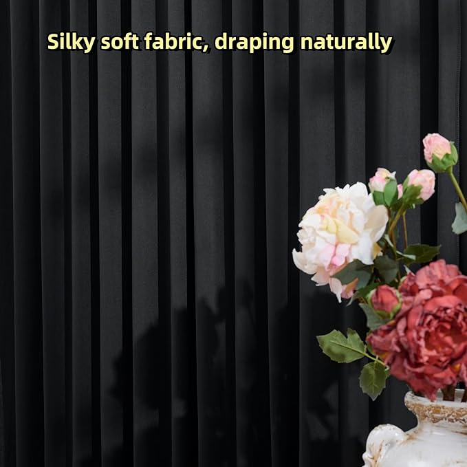 50ftx12ft Wrinkle Free Black Backdrop Curtain, 10 Panels 12FT Height Black Wedding Backdrop Drapes, Silky Polyester Back Drop Cloth for Birthday Photography Background Party Backdrop Draping