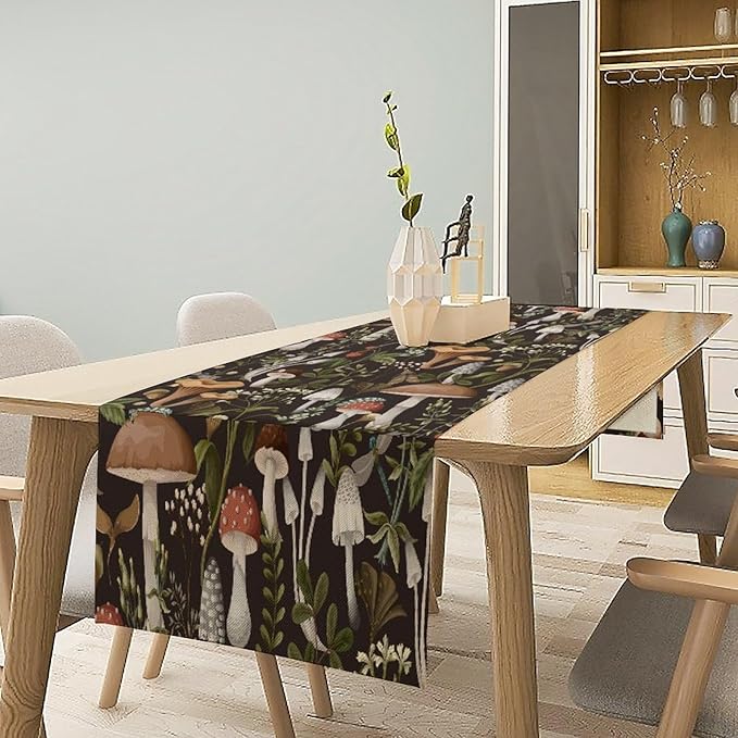 Mushroom Table Runner,Retro Forest Wildflower Botanical Plants Flower Art Pattern Print Burlap Hotel Indoors Outdoor Dining Room Kitchen Holiday Party, 13x36in