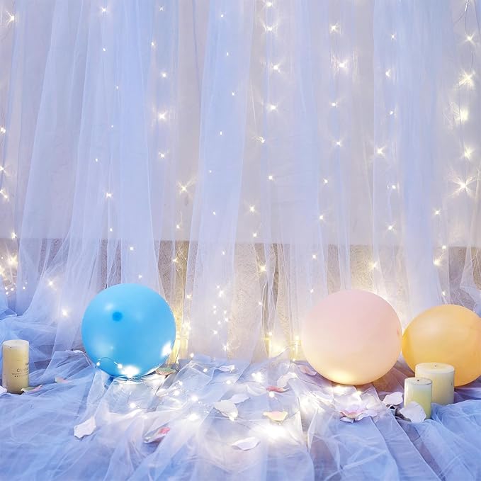 Blue Tulle Backdrop Curtains with Lights String for Parites Baby Shower 30×10ft Blue Sheer Backdrop Curtains Drapes for Bridal Shower Birthday Party Photo Shoot Background Decorations(6 Panels 5×10ft)