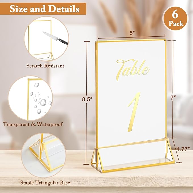 Floroom 6 Pack 5x7 Inch Clear Acrylic Sign Holders, Double-Sided Gold Display Stand Picture Frames for Table Numbers, Menus, Flyers, Weddings, and Offices
