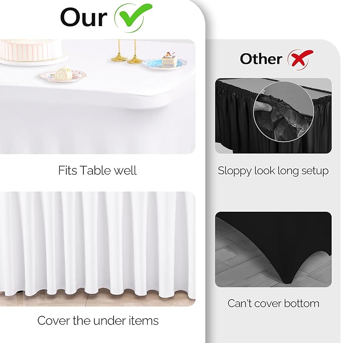 Wish Care 2 Pack White Spandex Table Clothes for 6 Foot Rectangle Tables, 6FT Wrinkle Free Fitted Tablecloths Ruffles Design Table Cover for Party, Banquet, Wedding and Events