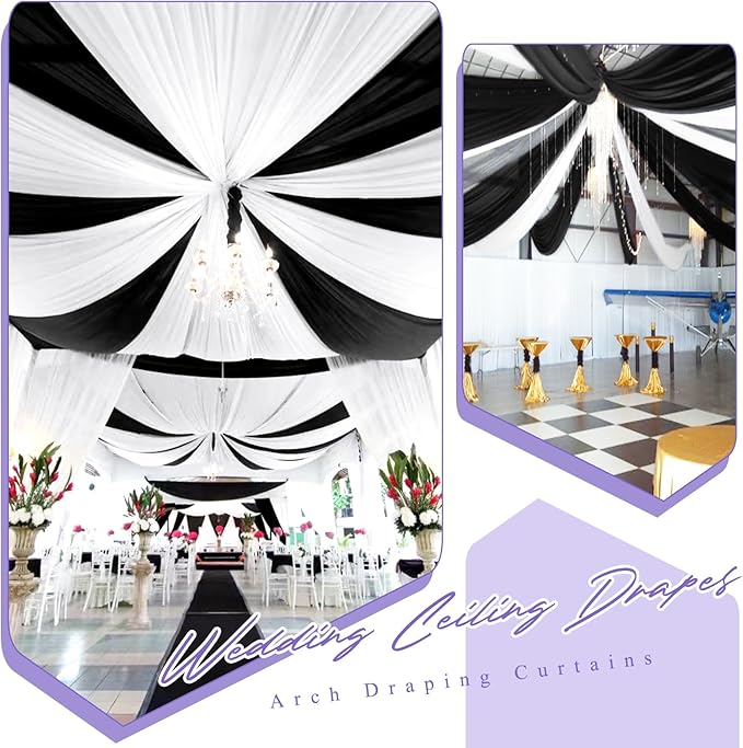 6 Panels Black Ceiling Drapes for Wedding 5ftx20ft Chiffon Fabric Arch Draping Curtains Sheer Drapery for Party Ceremony Birthday Baby Shower Reception Stage Swag Ceiling Decorations