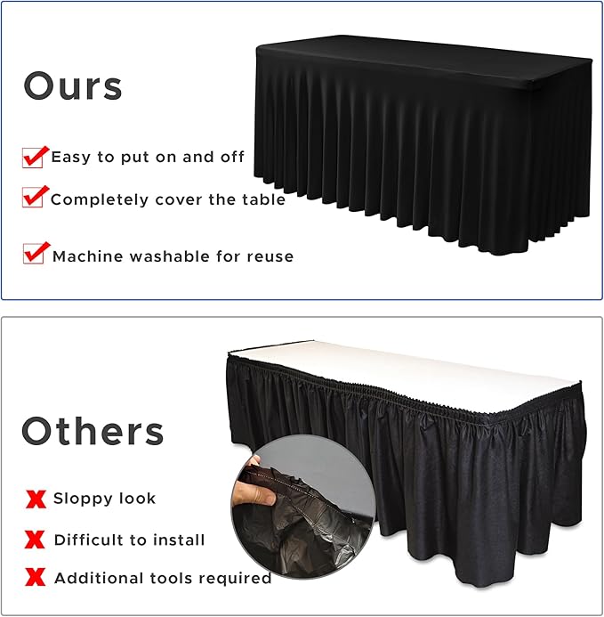 Nasitos Black Table Skirt for 8 Foot Rectangle Tables, 4 Pack - 96 x 30 Inch - Stretch Spandex Fitted Table Clothes, Fabric Table Covers Cocktail Tablecloths for Party, Banquet, Birthday
