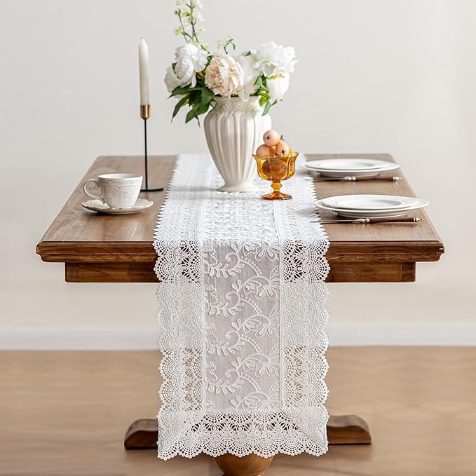 White Elegant Vintage Lace Table Runner,Wedding Lace Decor with Floral Embroidery,Tea Party Decor (White, 13.8X47 Inches)