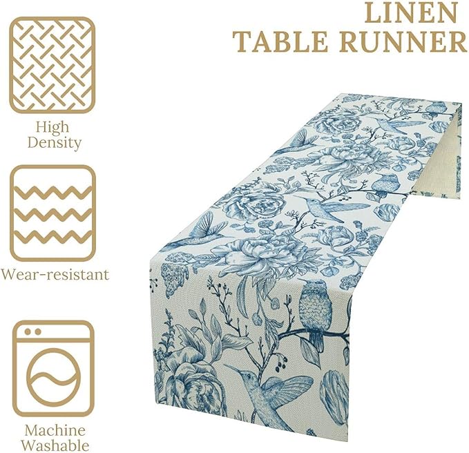 Blue White Table Runner Retro Monochrome Sketch Birds Flower Vintage Floral Kitchen Dining Table Decoration for Home Party Holiday 13"x60"