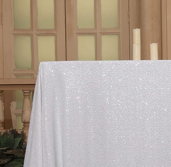 SquarePie Sequin Tablecloth 50 x 72 Inch White Sparkly Table Linen for Wedding Party
