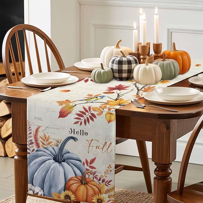 Thanksgiving Fall Cotton Linen Table Runner for Dining Kitchen, Blue Pumpkins Rustic Wedding Outdoor Party Autumn Tablerunners Decoration, Leaves Dresser Scarf Coffee Tablecloth Runners 13x108 Inches
