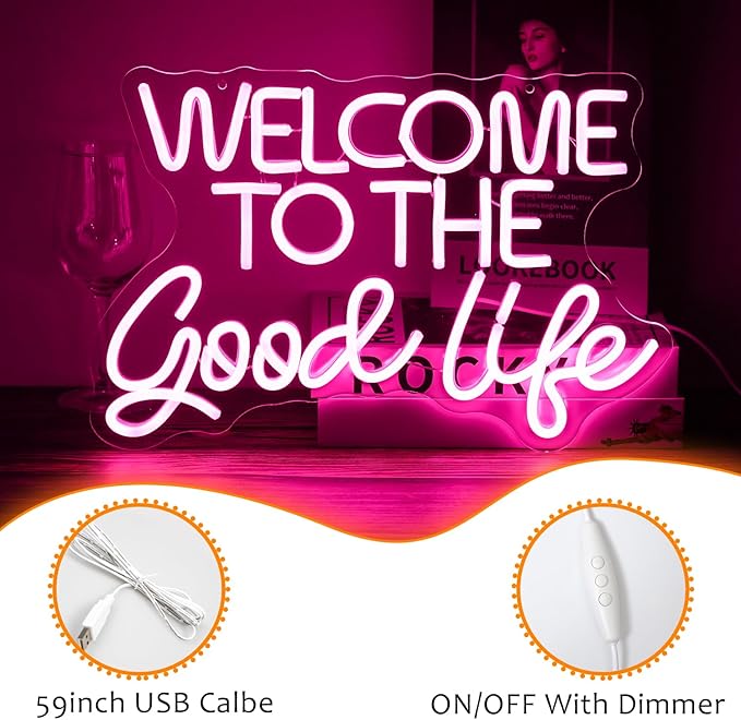 Welcome To The Good Life Neon Sign Letter LED Neon Lights Dimmable USB Powered 16.5’’X11’’Cool Wall Decorative Light Bedroom Kids Room Birthday Party Bar Decoration Gifts for Friend（Pink）