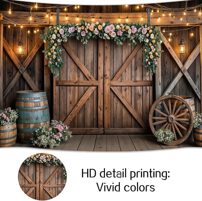 12x10ft Country Wedding Photography Backdrop Rustic Barn Door Photography Backdrop Farmhouse Pink Flower Cabin Wooden Birthday Baby Shower Wedding Bridal Party Banner Photo Booth Props Background