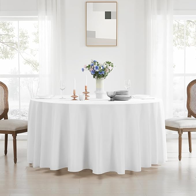 Round Tablecloth 132 Inch 8 Pack White Tablecloths Washable Decorative Linen Polyester Table Clothes Cover for Dining Table Banquets Buffet Parties and Wedding