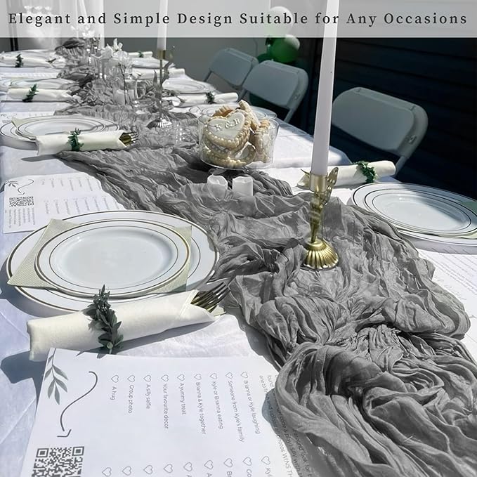 20 Pack Gray 10FT Cheesecloth Table Runner Rustic Gauze Fabric Cheese Cloth Table Runner for Wedding Bridal Baby Shower Table Decor 20 x 120 Inch Long Boho Sheer Birthday Party Table Decorations