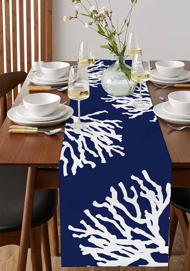 Coastal Coral Cotton Linen Table Runner for Dining Kitchen, Wedding Outdoor Party Tablerunners Decoration, Navy Blue Nautical Ocean Beach Dresser Scarf Coffee Tablecloth Runners 13x36 Inches