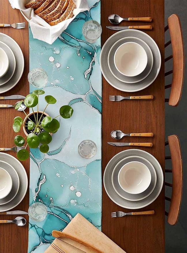 Turquoise Marble Cotton Linen Table Runner for Dining Kitchen, Wedding Outdoor Party Tablerunners Decoration, Nature Marble Crack Country Retro Dresser Scarf Coffee Tablecloth Runners 13x108 Inches