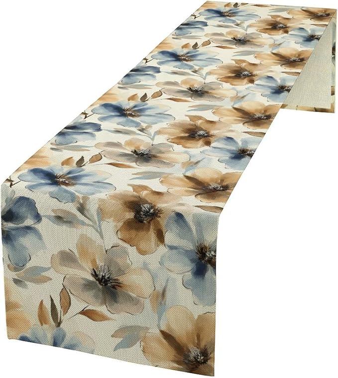 Poppy Floral Table Runner, Watercolor Brown Blue Flowers Blossom Summer Nature Table Runner for Kitchen Dinning Table Runner Decor Home Wedding Party Holiday, 13x108 Inch