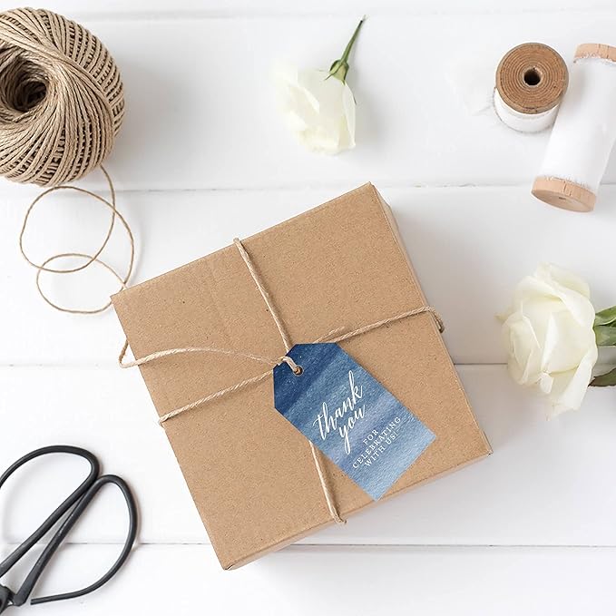 Andaz Press 100-Pack Thank You for Celebrating with Us Favor Tags Navy Blue Ombre Watercolor Cardstock Gift Tags with Bakers Twine for Wedding Baby Shower Bridal Shower Party Favors 2 x 3.75-Inches
