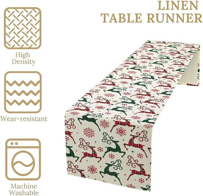 Christmas Table Runner,Christmas Plaid Deer Print Farmhouse Table Cloth Kitchen Dining Table Decoration for Home Party Decor 13x70 Inch