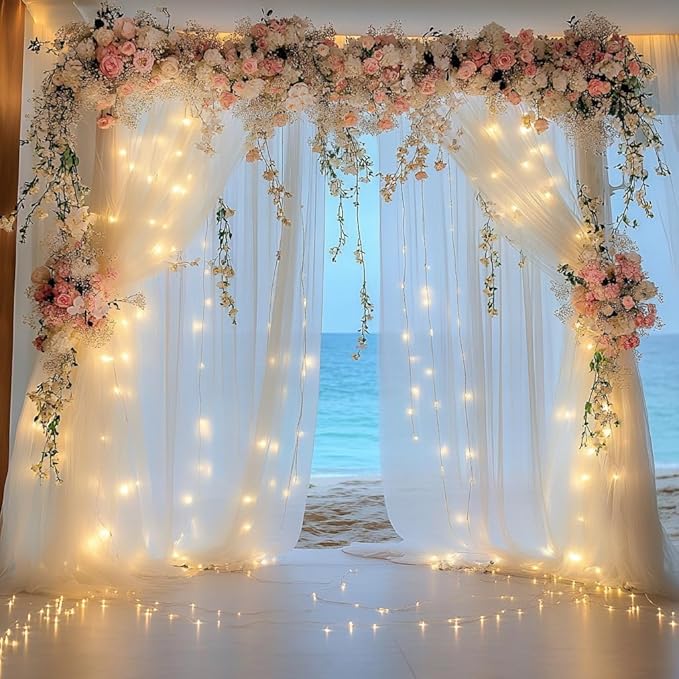 Tulle Backdrop Curtain with Lights String 30 X 8FT Ivory Sheer Tulle Backdrop Curtains for Wedding Birthday Party Reception Photo Booth Background Decorations (6 Panels 5x8FT)