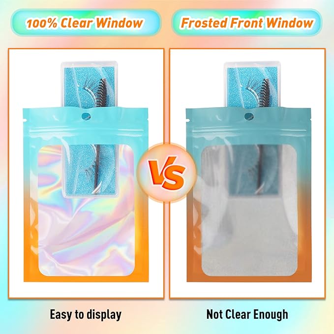 Funfery 100 Pack Gradient Holographic Bags,Resealable Mylar Bags with Zipper,Clear Window Packaging Pouch,Plastic Smell Proof Bags for Food Storage,Sample Jewelry Baggies(4.7×7In,Blue Orange)