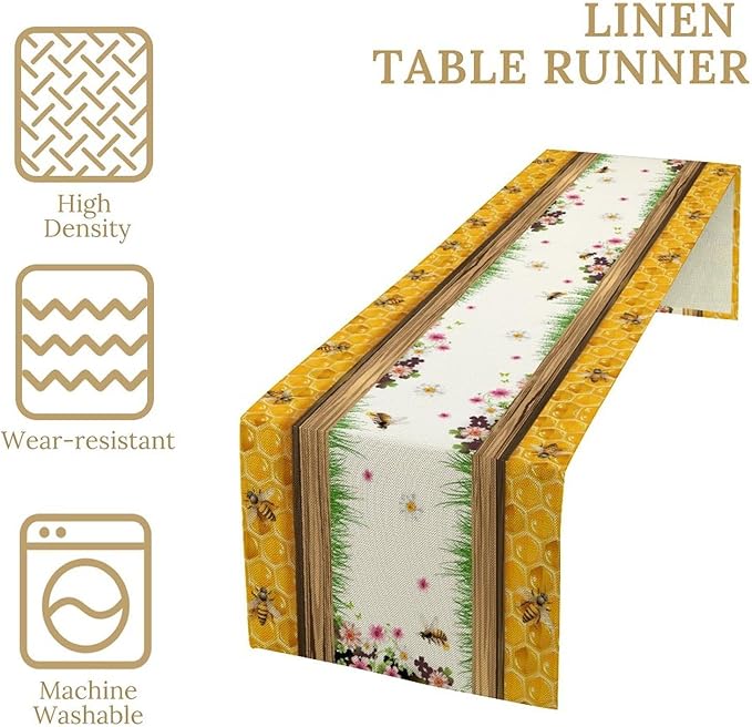 Watercolor Honeycomb Table Runner, Farmhouse Spring Summer Autumn Fall Floral Daisy Bee Print Kitchen Dining Table Decoration for Home Party Decor, 13x70inch