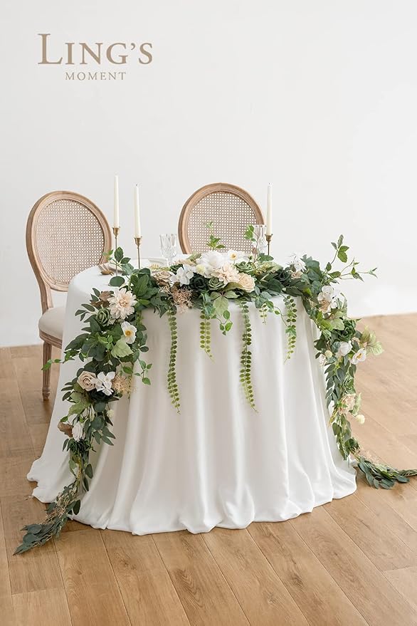 Ling's Moment 9FT Flower Garland for Backdrop Decoration - Wedding Arch Flowers, Eucalyptus & Rose, Artificial Floral Garland for Mantle - Sweetheart Table Decor for Ceremony, Christmas, Emerald Tawny