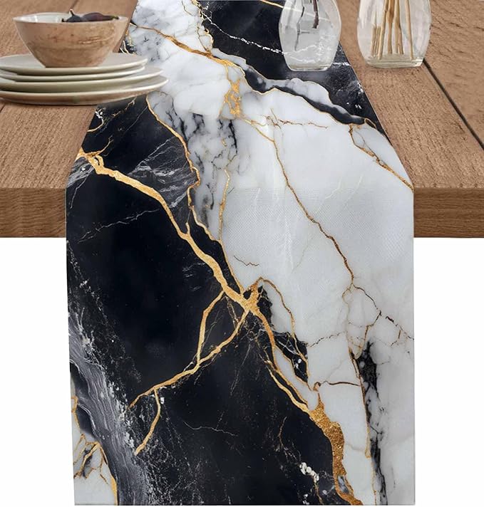 Black White Marble Cotton Linen Table Runner for Dining Kitchen, Wedding Outdoor Party Tablerunners Decoration, Nature Marble Crack Modern Art Dresser Scarf Coffee Tablecloth Runners 13x48 Inches