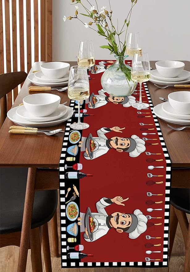 Red Chef Gourmet Cotton Linen Table Runner for Dining Kitchen, Wedding Outdoor Party Tablerunners Decoration, Black White Check Plaid Funny Kitchen Dresser Scarf Coffee Tablecloth Runners 13x36 Inches