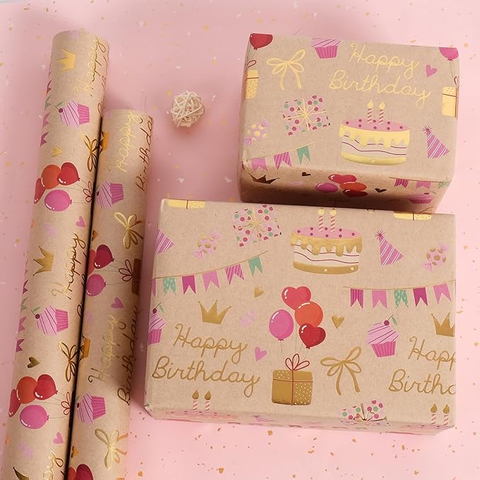 Aimyoo Birthday Wrapping Paper Roll - 17 Inch X 32.8 Feet - Gold Foil Celebration Cake, Gift Box,Happy Birthday Lettering Design Gift Wrap for Kids, Baby Showers