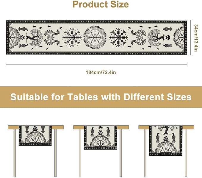 Ancient Abstract Pattern Table Runner, Tree of Life Eagle Dragon Boat Rudder Black and White Table Runner 13x60 Inch