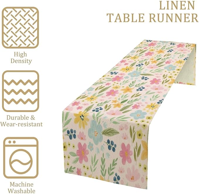 Floral Table Runner, Boho Style Watercolor Flower Green Leaf Plant Rectangle Table Decoration for Dining, Party, Holiday,13in（33cm） W * 90in（229cm） L