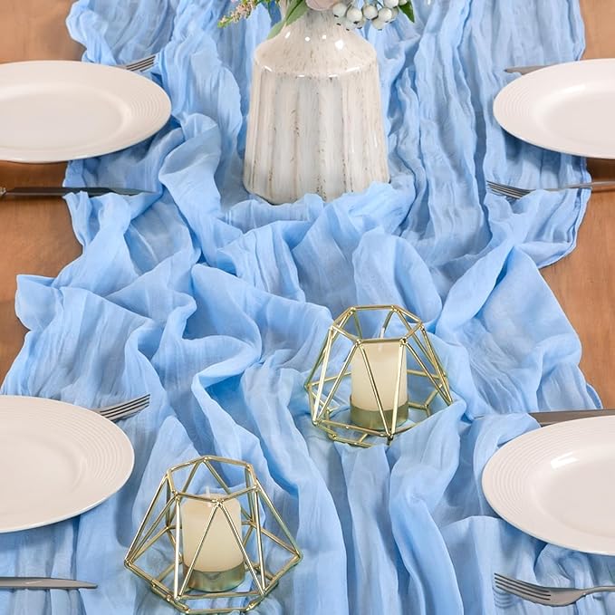 MLMW 4 Pack Light Blue Cheesecloth Table Runner Boho Gauze Rustic Cheese Cloth 160 inch Sheer Baby Blue Coastal Table Runner 13.3ft for Wedding Party Baby Bridal Shower Birthday